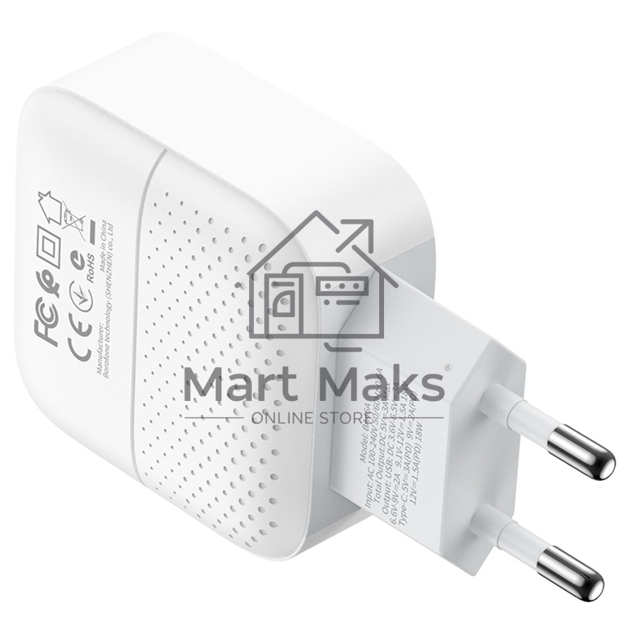 Зарядное устройство BOROFONE BA46A Premium, один порт USB, один порт Type-C, PD, 18W, 5V, 3.0A, белый