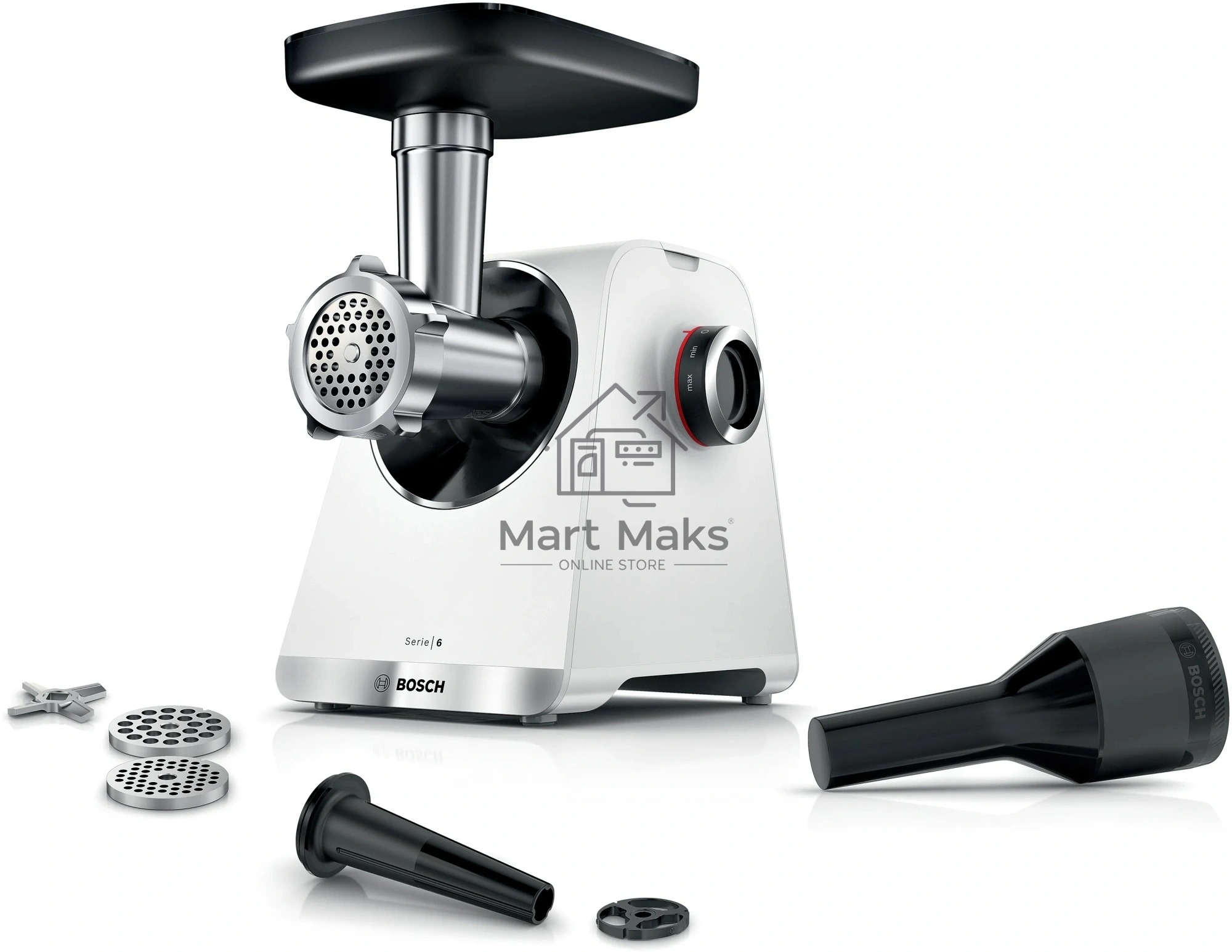 Мясорубка электрическая Bosch MFWS609W белый/черный, 2100 Вт, 3.5 кг/мин, реверс, насадки - 4