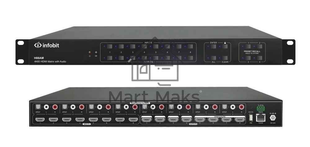Матричный коммутатор Infobit iMatrix H88AM HDMI 4K60, 8х8, 3840x2160/60 Гц; 8 цифровых аудиовыхода SPDIF, 8 аудиовыхода Toslink с поддержкой Audio Matrix/Downscaling/AOC