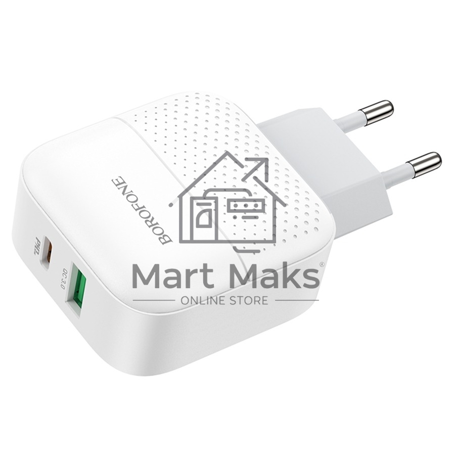 Зарядное устройство BOROFONE BA46A Premium, один порт USB, один порт Type-C, PD, 18W, 5V, 3.0A, белый