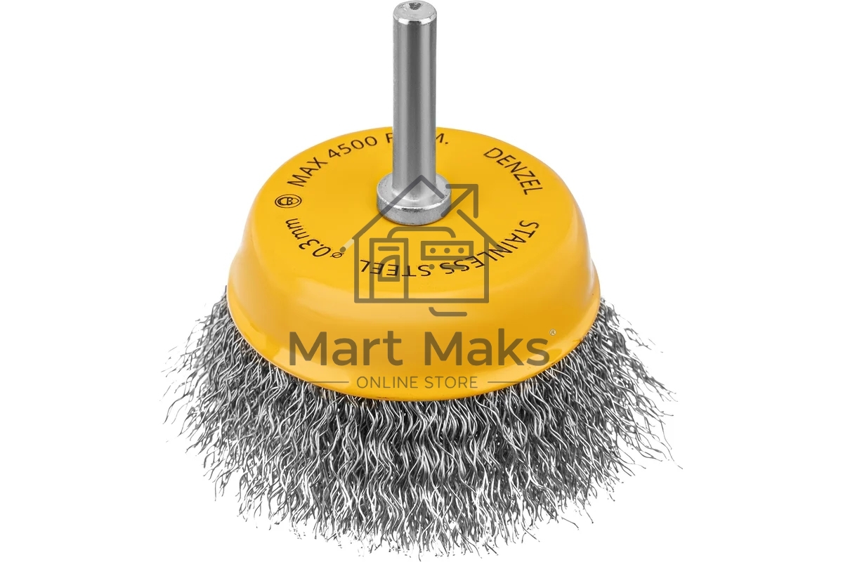 Щетка для дрели Denzel 75 мм, чашка, со шпилькой, нержавеющая витая проволока