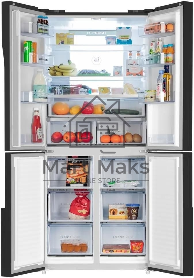 Холодильник Maunfeld MFF181NFB черный глянцевый, трехкамерный, 333/164л, морозилка сбоку, No Frost, Side by Side
