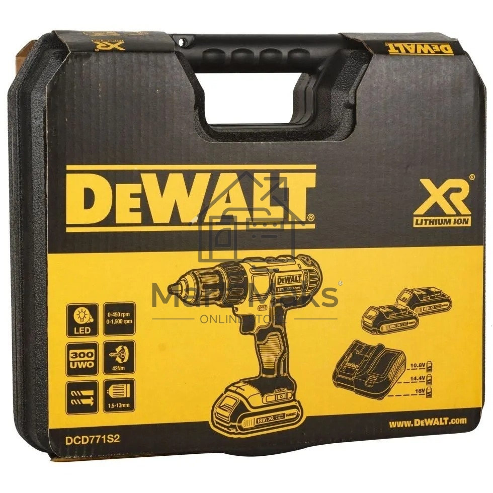 Дрель-шуруповерт DeWalt DCD771S2 18 В, 1,5 Ач, 42 Нм, щеточный