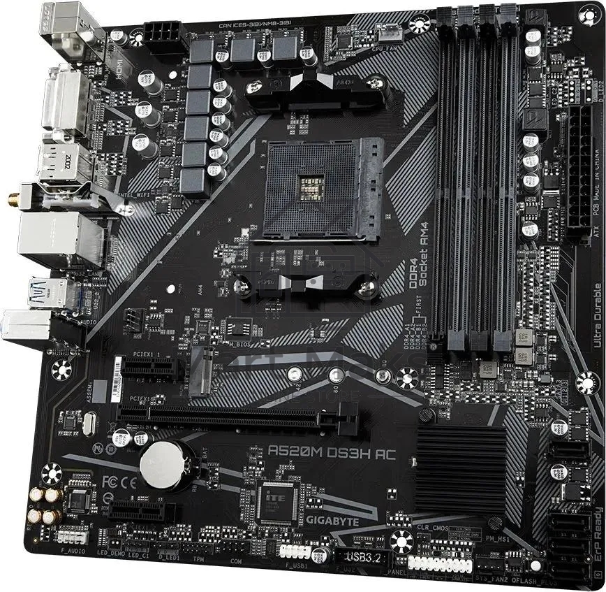 Материнская плата Gigabyte A520M DS3H AC, AM4, AMD A520, 4xDDR4, 4xSATA, 1xM.2, 1xPCIe 3.0 x16, 2xPCIe x1, 1xHDMI, 1xDP, 1xDVI-D, 1x 1Gb LAN, Wi-Fi, Bluetooth, 4xUSB-A 3.2 Gen 1, 2xUSB-A 2.0, 3x3.5 мм, 7.1, mATX