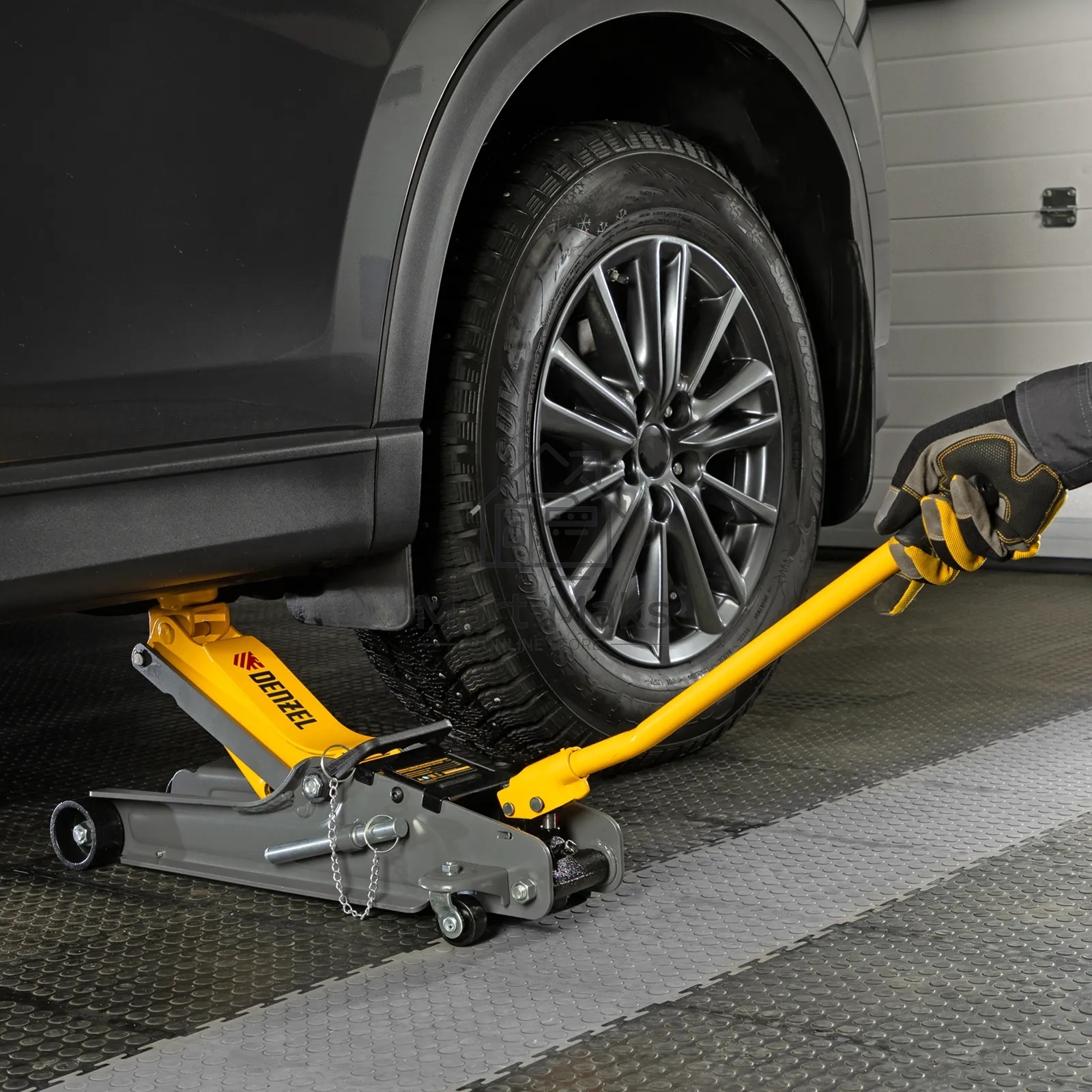 Домкрат гидравлический подкатной с фиксатором Denzel 2,5 т, 85-385 мм