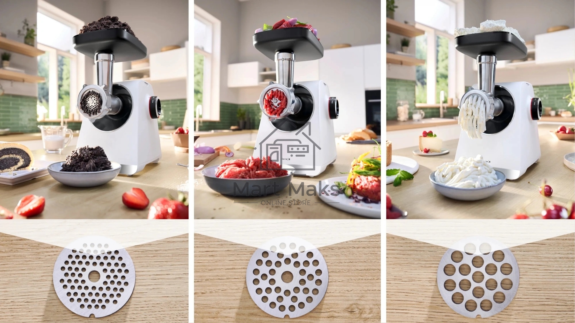 Мясорубка электрическая Bosch MFWS609W белый/черный, 2100 Вт, 3.5 кг/мин, реверс, насадки - 4