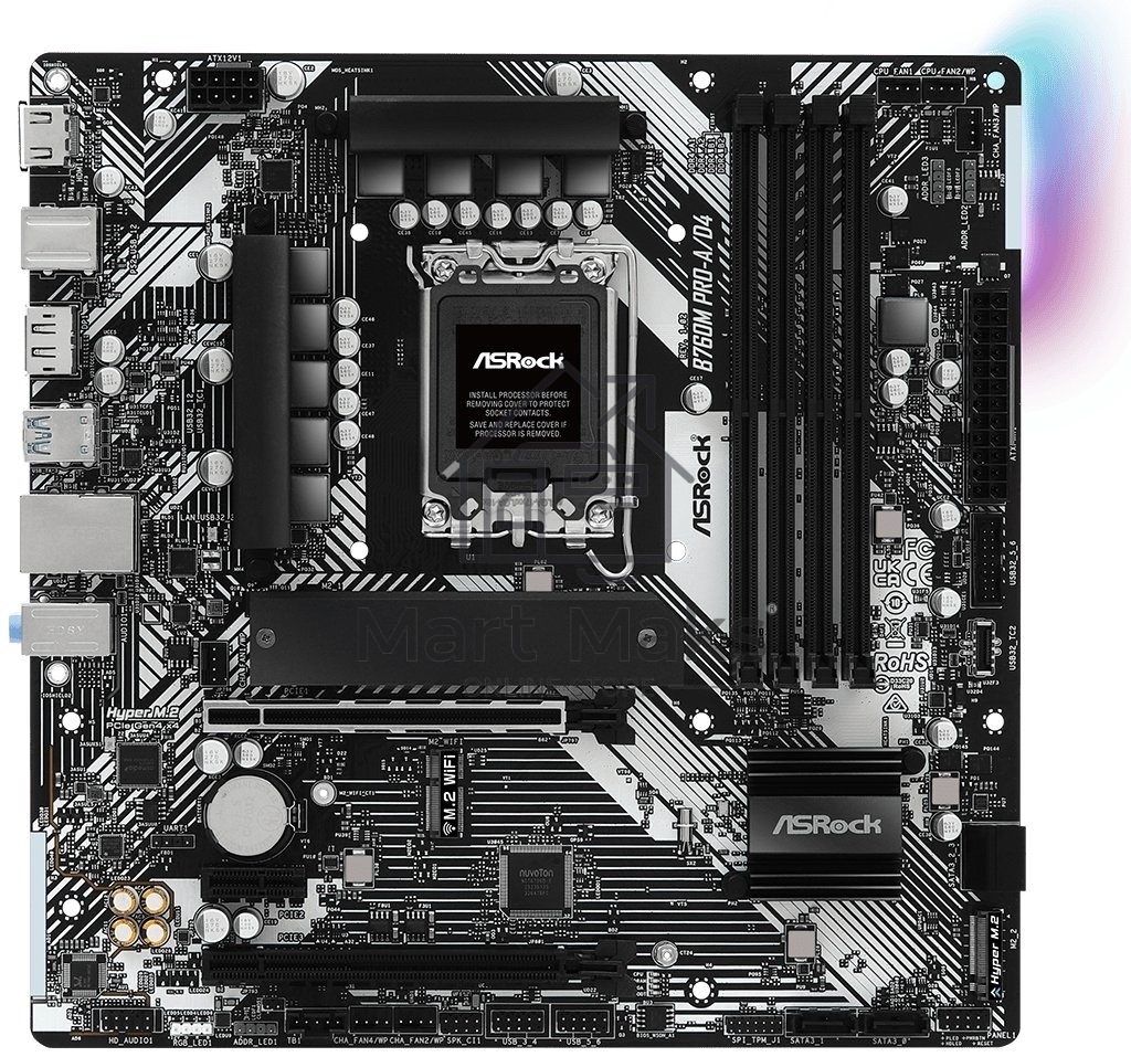 Материнская плата ASRock B760M Pro-A/D4, LGA1700, Intel B760, 4xDDR4, 4xSATA 6Gb/s, 2xM.2, 1xPCIe 4.0 x1, 2xPCIe 4.0 x16, 1xHDMI, 1xDisplayPort, 1x2.5Gb LAN, 1xUSB 3.2 Gen1 Type-C, 3xUSB 3.2 Gen1 Type-A, 2xUSB 2.0, 3x3.5 мм, 7.1, microATX