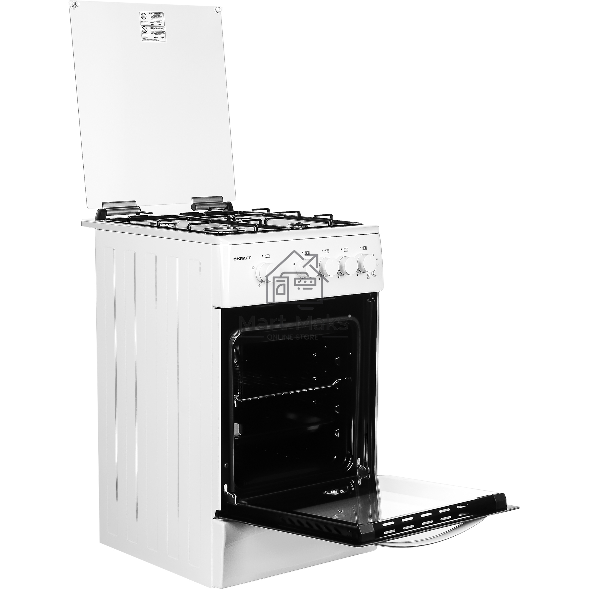 Плита газовая Kraft KF-FSK5404AGWG белый, конфорок 4 газовых, духовка 58 л, 50 см x 87 см x 63 см