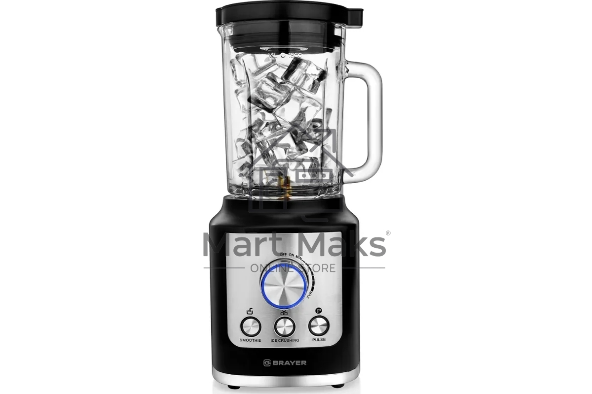 Блендер стационарный BRAYER BR1200BK 1800 Вт, стекл., 1,8 л, 6 титан. ножей, импульс, колка льда, серебристо-черный
