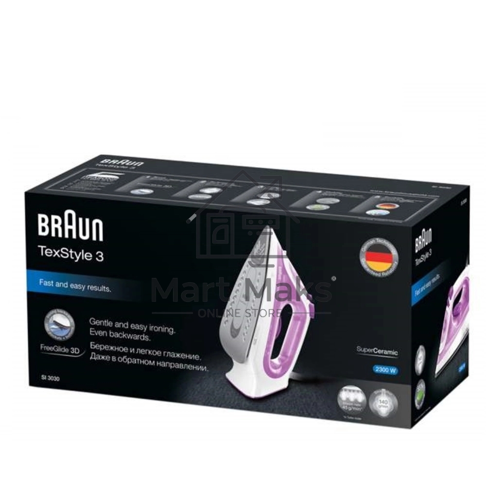 Утюг Braun SI 3030 PU белый/фиолетовый, 2300 Вт, 45 г/мин, 140 г/мин, 270 мл