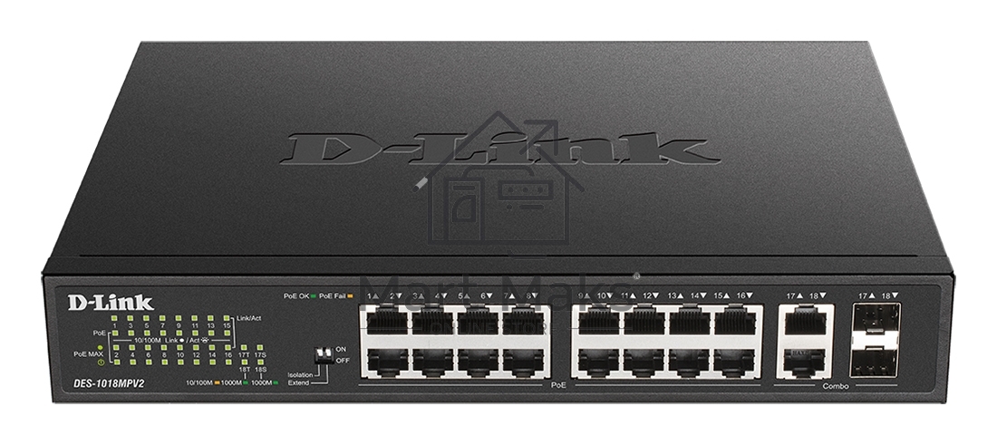 Коммутатор D-Link DES-1018MPV2/A1A, 16×100 Мбит/с + 2×1 Гбит/с Combo, неуправляемый