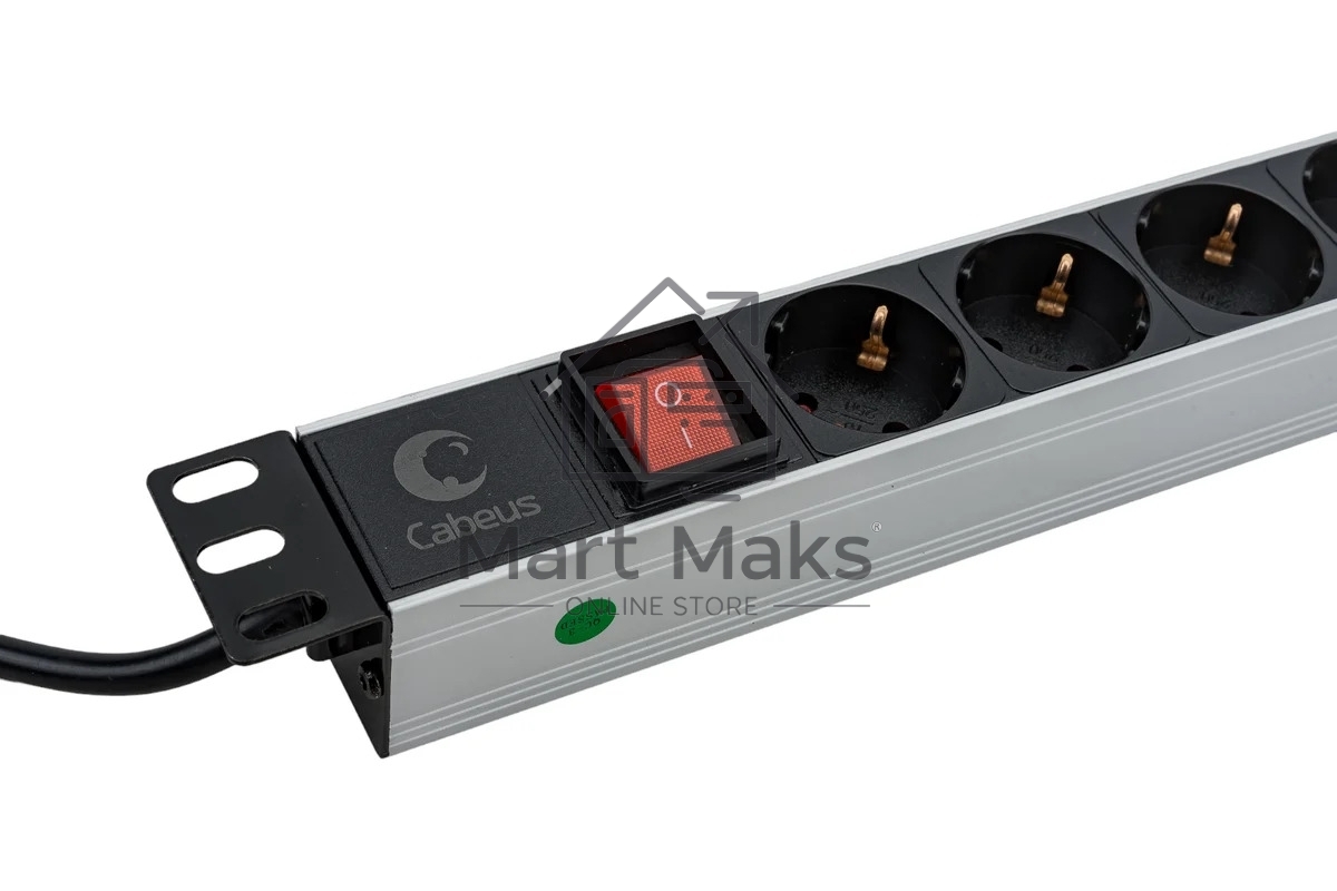 Блок силовых розеток Cabeus, Shuko х 8, вход IEC 320 C14, для шкафов, шнур 2 м, 50х490х50 мм (ВхШхГ), 10А, выключатель, черный
