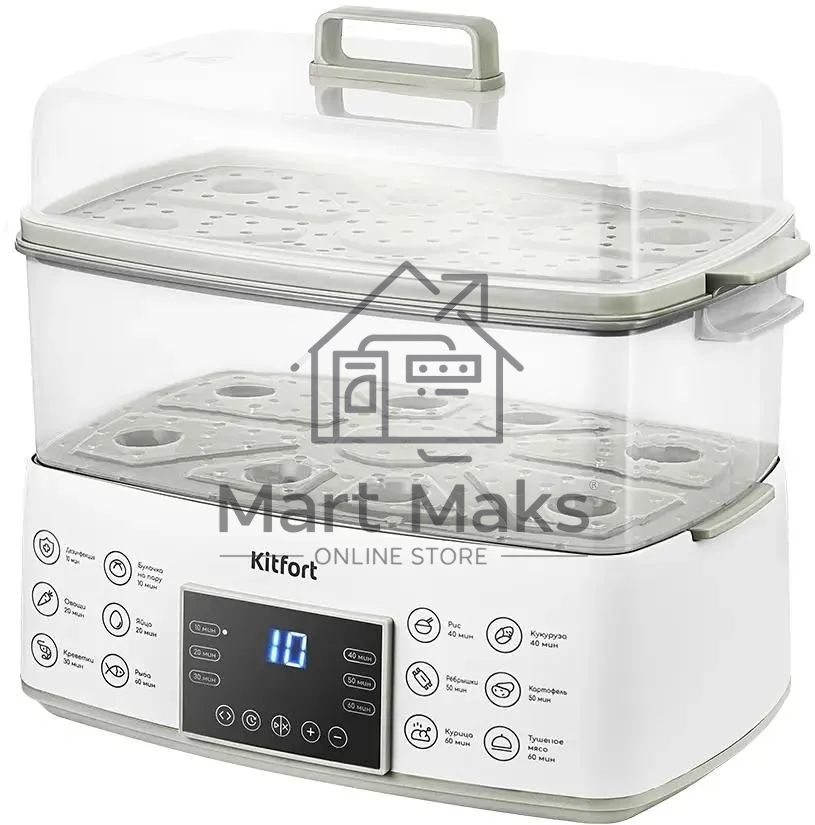 Пароварка Kitfort КТ-6431 2ярус. 800Вт белый/серый