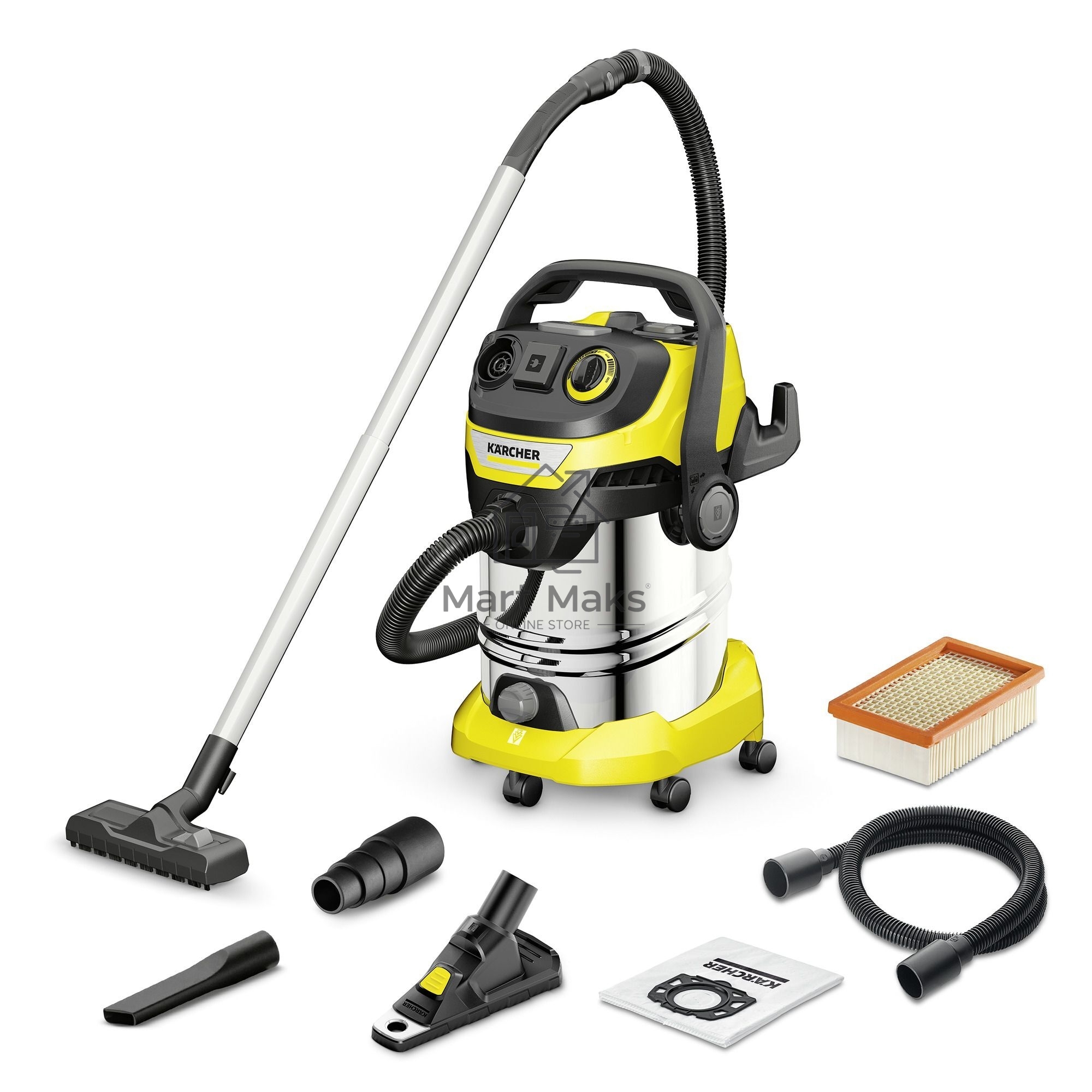 Строительный пылесос Karcher WD 6 P S V-30/6/22/T + DDC (YSY) желтый, 1300 Вт, уборка сухая/сбор воды, пылесборник мешок/контейнер, 30 л