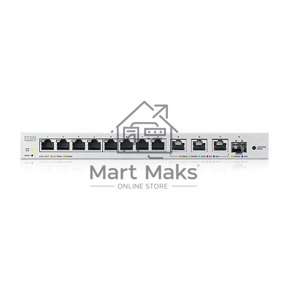 Мультигигабитный Smart L2 коммутатор Zyxel XGS1250-12, 8xGE, 3x1/2,5/5/10G, 1xSFP+, кнопка LED ECO Mode, настольный