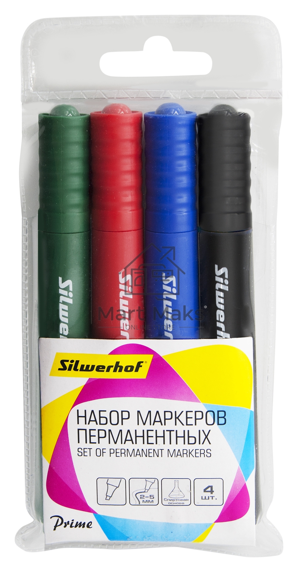 Набор маркеров перманентных Silwerhof Prime, скошенный пишущий наконечник, 2-5мм, 4 цвета, пакет с европодвесом