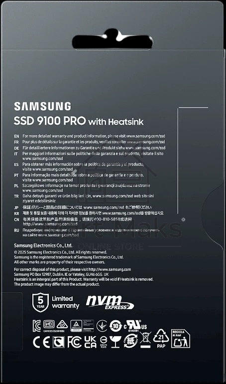 Твердотельный диск 1TB Samsung 9100 PRO, M.2, PCI-E 5.0 x4, TLC 3D NAND R/W - 14800/13400 MB/s с радиатором