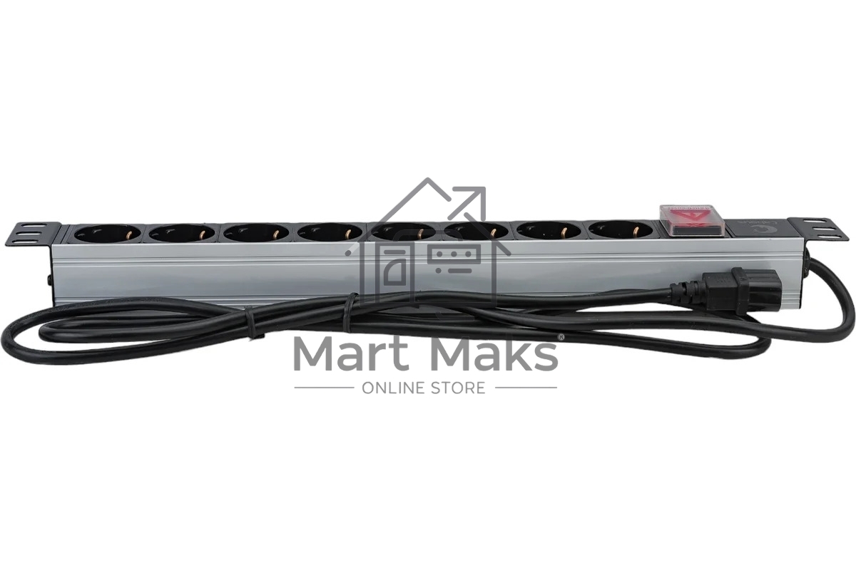 Блок силовых розеток Cabeus, Shuko х 8, вход IEC 320 C14, для шкафов, шнур 2 м, 50х490х50 мм (ВхШхГ), 10А, выключатель, черный