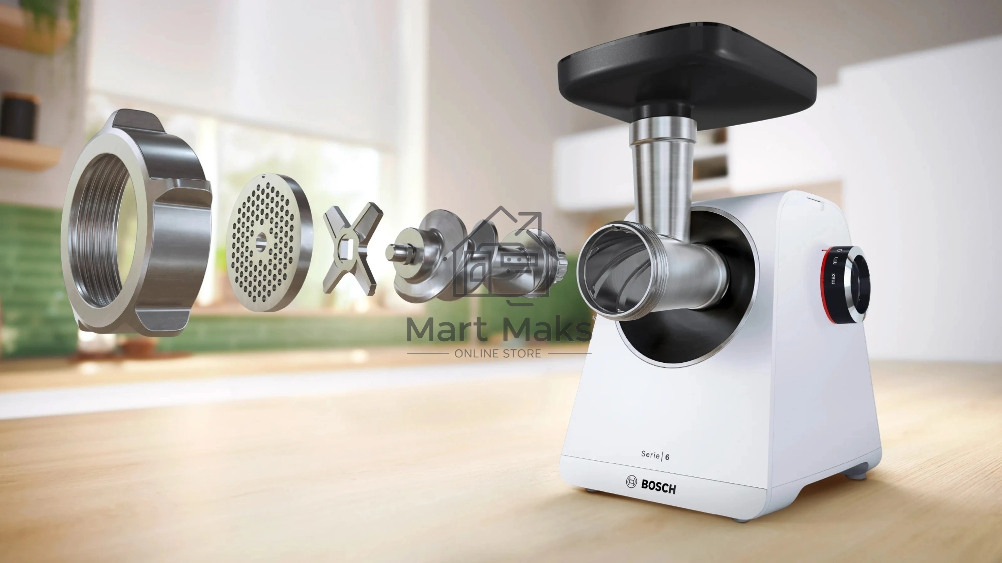 Мясорубка электрическая Bosch MFWS609W белый/черный, 2100 Вт, 3.5 кг/мин, реверс, насадки - 4