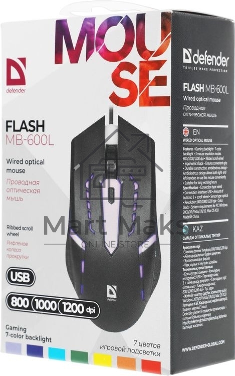 Мышь проводная Defender Flash MB-600L черный, 1200 dpi, USB, кнопки - 4