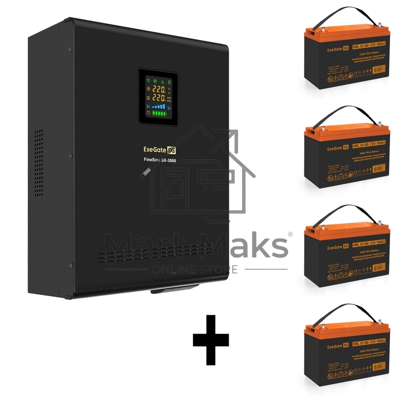 Комплект Источник бесперебойного питания EX296003RUS + батарея 100Aч EX285656RUS 4шт (инвертор, синус, для котла, настенный) ExeGate FineSine SX-3000.LCD.AVR.2SH.T 3000VA/2100W, чистая синусоида, цветной LCD-дисплей, AVR, 2*Schuko+клеммы, линейно-интерактивный, крепление настенное, Black + батарея ExeGate HRL 12-100 (12В, 100А·ч) 4шт