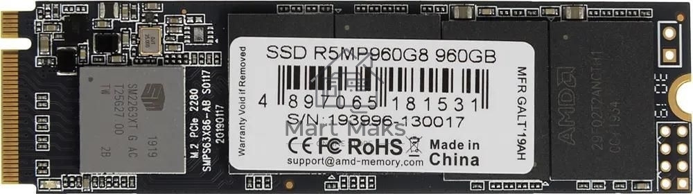Накопитель SSD AMD Radeon R5MP960G8, 960Gb, M.2 2280, PCIe 3.0 x4, NVMe, R/W 2100/1900