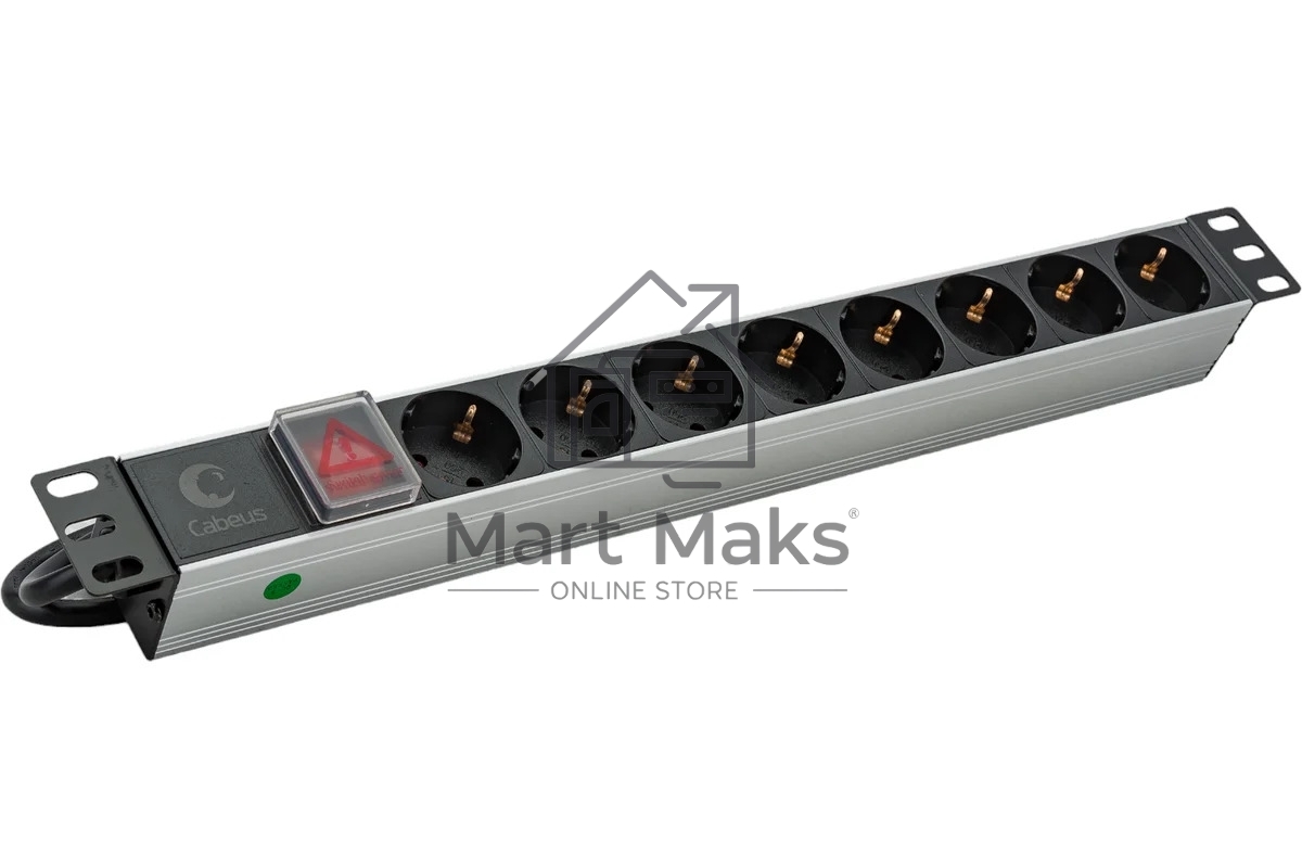 Блок силовых розеток Cabeus, Shuko х 8, вход IEC 320 C14, для шкафов, шнур 2 м, 50х490х50 мм (ВхШхГ), 10А, выключатель, черный