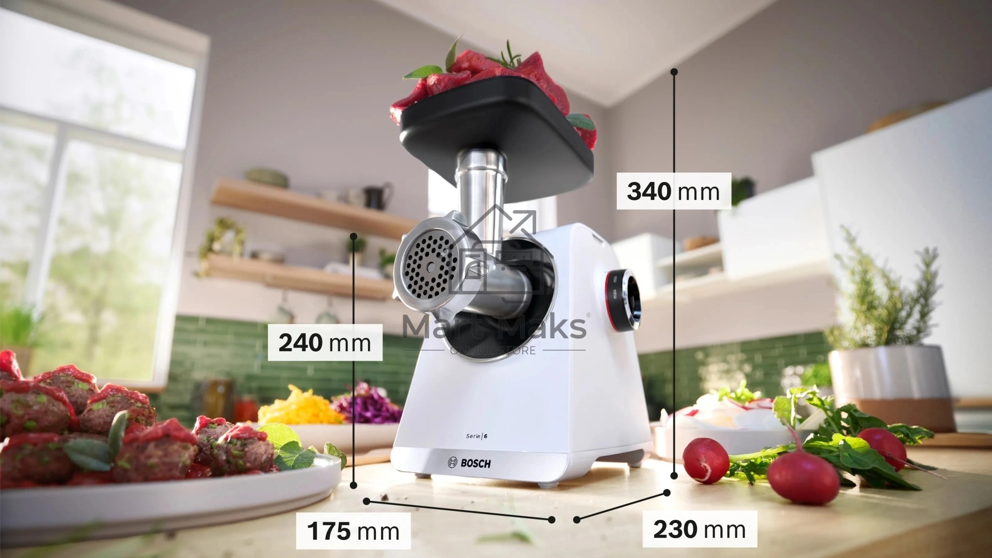 Мясорубка электрическая Bosch MFWS609W белый/черный, 2100 Вт, 3.5 кг/мин, реверс, насадки - 4