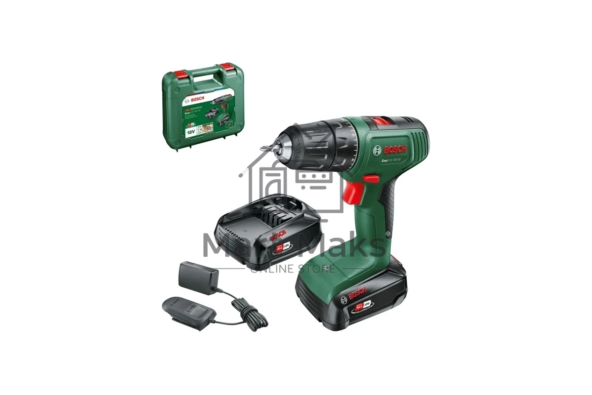 Дрель-шуруповерт Bosch Easydrill 18V-40 (2x 1,5Aч) + AL18V-20 кейс 1200Вт аккум. патрон:быстрозажимной (кейс в комплекте) (06039D8002)