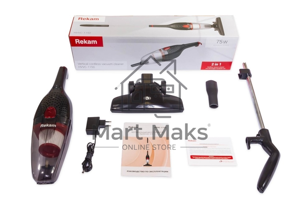 Пылесос вертикальный Rekam HVVC-1150 черный/красный, питание от аккумулятора, 25 Вт, уборка сухая, пылесборник 0.8 л, работа от АКБ max 30 мин