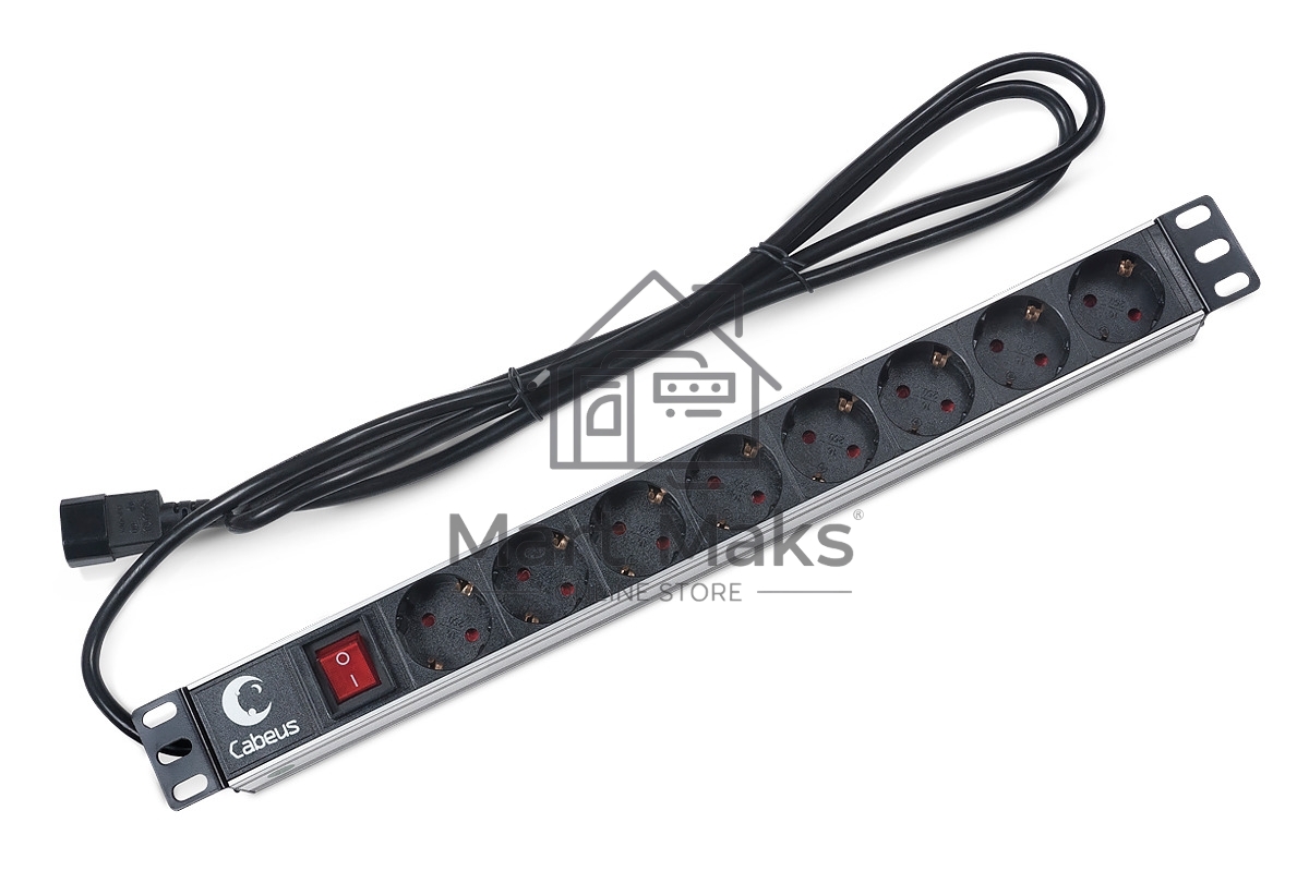 Блок силовых розеток Cabeus, Shuko х 8, вход IEC 320 C14, для шкафов, шнур 2 м, 50х490х50 мм (ВхШхГ), 10А, выключатель, черный