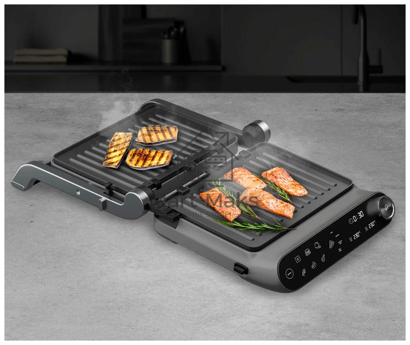 Гриль Redmond SteakMaster GM-303 cерый, 2200 Вт, дисплей, таймер, антипригарное покрытие