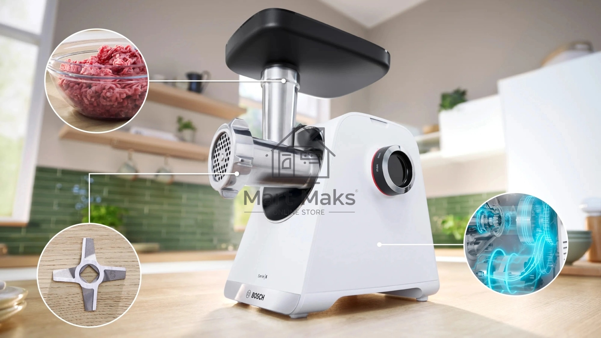 Мясорубка электрическая Bosch MFWS609W белый/черный, 2100 Вт, 3.5 кг/мин, реверс, насадки - 4