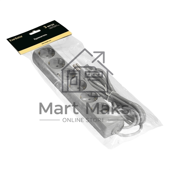 Удлинитель ExeGate ECE-6-3G (EX285832RUS), серый, 3 м, евровилка с заземлением, 6 евророзеток с заземлением, 2200 Вт