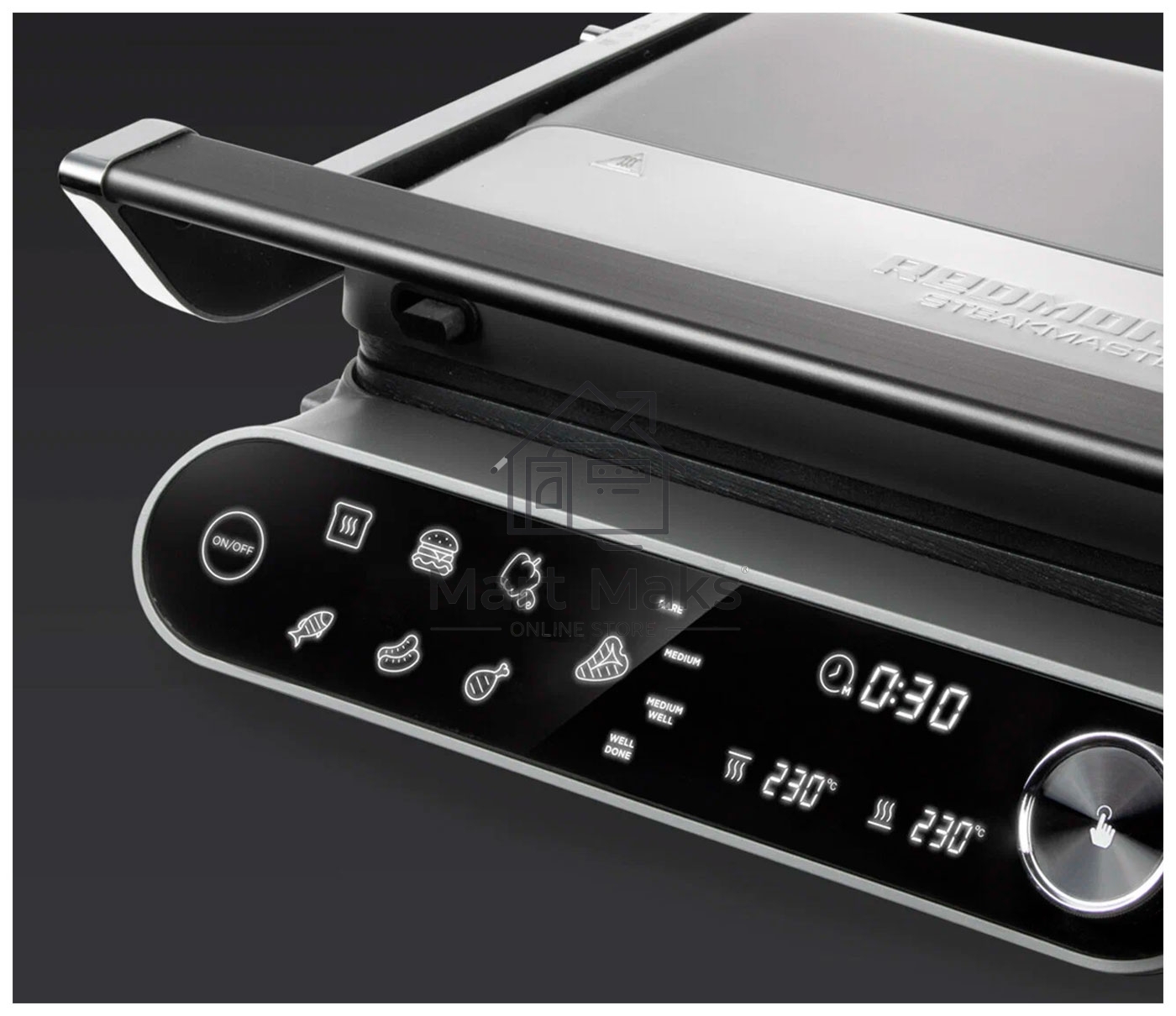 Гриль Redmond SteakMaster GM-303 cерый, 2200 Вт, дисплей, таймер, антипригарное покрытие