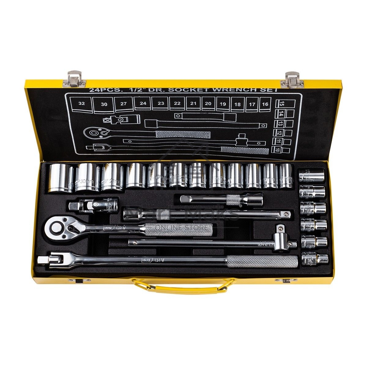 Набор торцевых ключей 24 шт Deli DL2024T Материал: 50BV30. Набор инструментов 24 шт. включает в себя:Головка серии 12,5 мм, 17 шт. (10, 11, 12, 13, 14, 15, 16, 17, 18, 19, 20, 21, 22, 24, 27, 30, 32 мм). Металлический кейс.