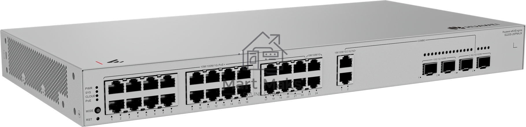 Коммутатор Huawei S220S-26PN4JX, 24×PoE+ (22×1G + 2×2.5G Combo RJ45) + 2×10G SFP+ + 2×2.5G SFP (Combo), управляемый
