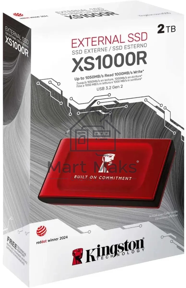 Внешний SSD Kingston XS1000, 2TB, USB 3.2 Gen 2 Type-C, R/W 1050/1000, красный