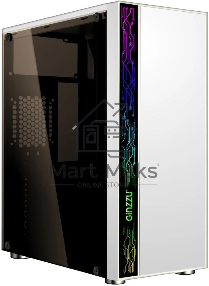 Компьютерный корпус Ginzzu A390 белый Window RGb подсветка 1*USB 3.0, 2*USB 2.0, AU