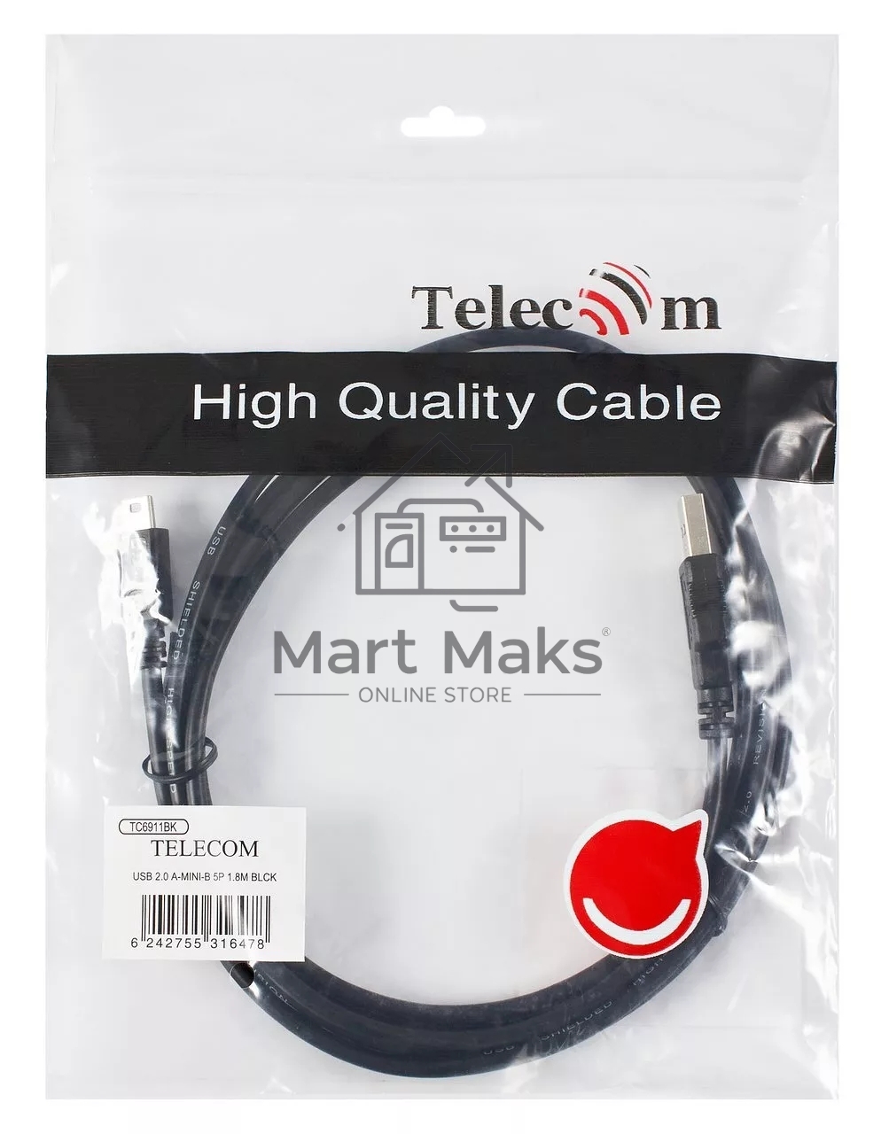 Кабель USB 2.0 A-->mini-B 5P (1.8 м) черный, Telecom<TC6911BK-1.8M>
