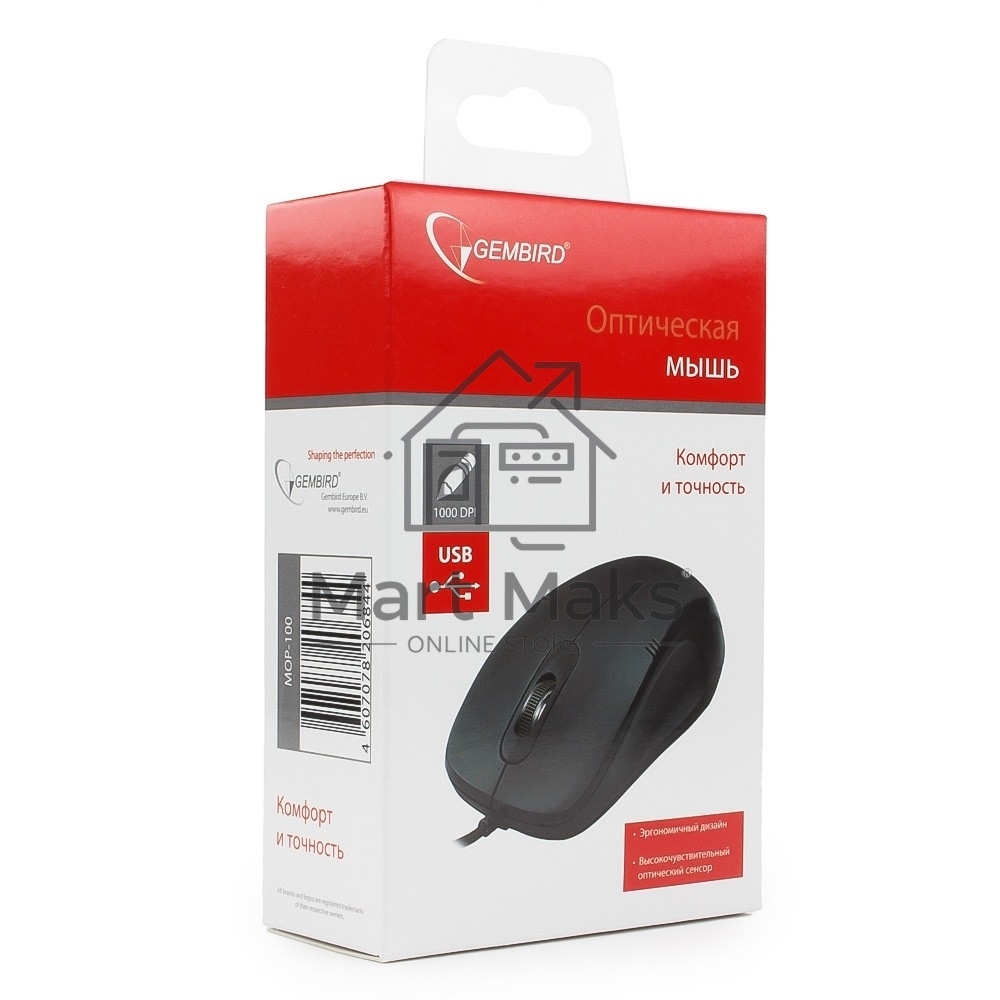 Мышь проводная Gembird MOP-110 черный, 1000 dpi, USB, кнопки - 3