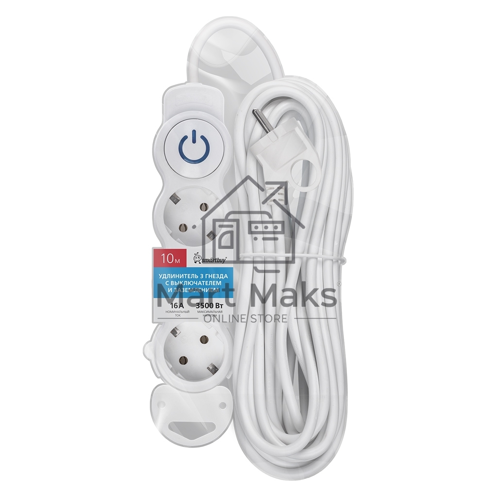 Удлинитель бытовой Smartbuy (SBE-16-3-10m-ZS) 3 роз х 10,0 м - белый