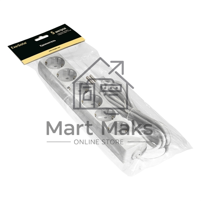 Удлинитель ExeGate ECE-6-5W (EX285836RUS), белый, 5 м, евровилка с заземлением, 6 евророзеток с заземлением, 2200 Вт