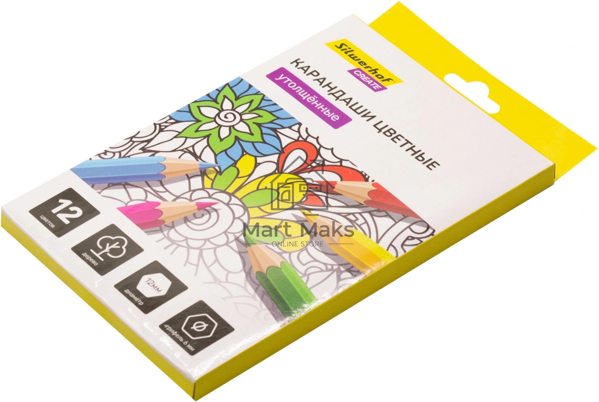 Карандаши цветные Silwerhof Create Jumbo 6мм, шестигранный профиль, дерево, ассорти, 12 цветов, коробка с европодвесом