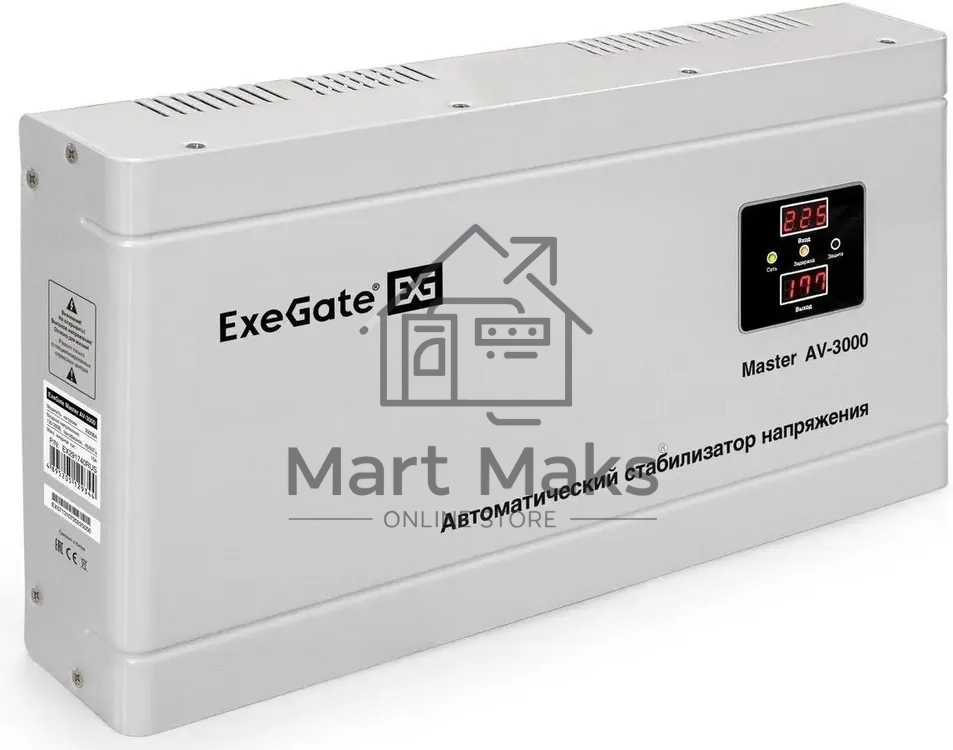 Стабилизатор напряжения ExeGate Master AV-3000 (3000ВА, 140-260В, цифр. индикация вход/вых. напряжения, 220В±8%, КПД 98%, 5 уровней защиты, задержка, метал.корпус, клем.колодка, RTL)