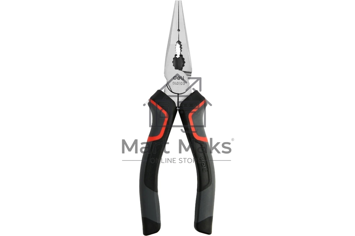 Удлиненные плоскогубцы Deli DL0103 160 мм, Cr-V, эксцентриковый шарнир, антикоррозийное покрытие, трехкомпонентная прорезиненная рукоять