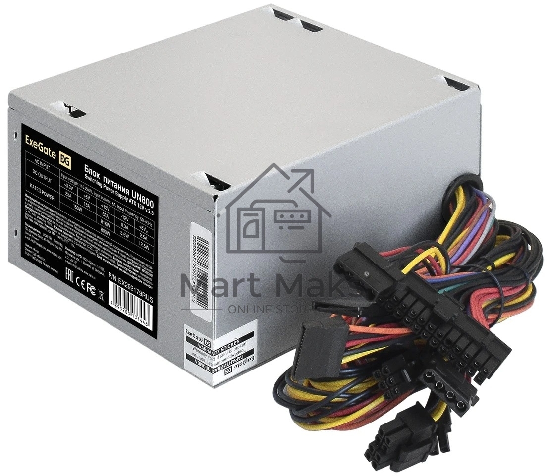 Блок питания ExeGate UN800, 800W, (ATX, SC, 12cm fan, 24pin, 2x(4+4)pin, 2xPCI-E, 5xSATA, 3xIDE, кабель 220V 1,8м с защитой от выдергивания)