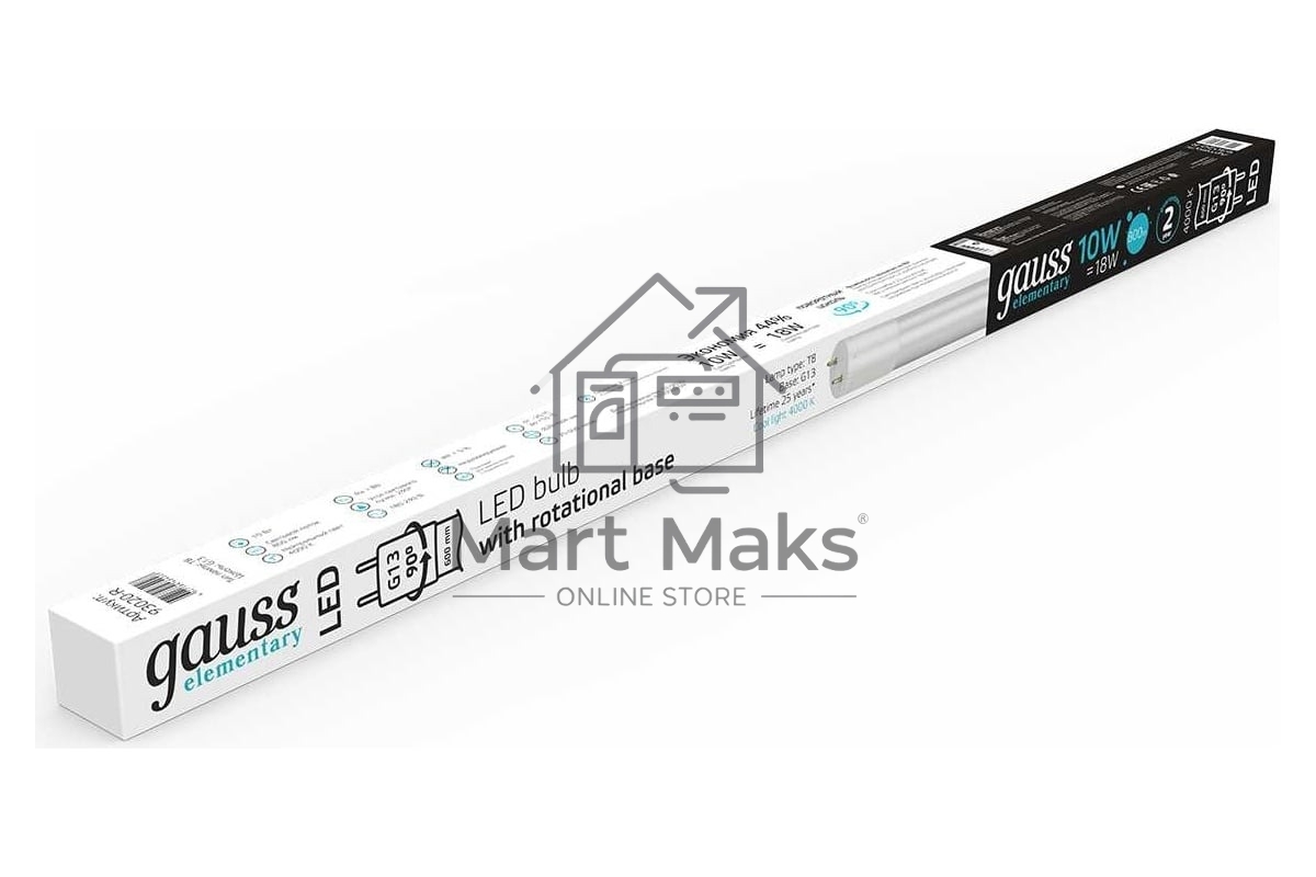 Лампа светодиодная Gauss Elementary T8 10Вт 4000К G13 780лм 600мм стекло поворотная 93020-R
