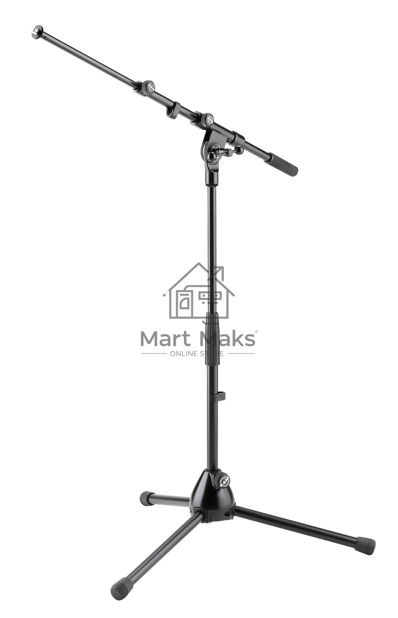 Низкая микрофонная стойка K&M 25900-300-55 высота от 425 до 645 мм, длина стрелы от 435 до 745 мм, металлические узлы, складная конструкция, материал стойки - сталь, цвет черный