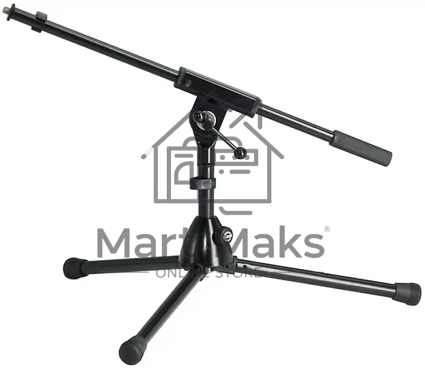 Низкая микрофонная стойка K&M 25910-300-55 высота 280 мм, длина стрелы 525 мм, металлические узлы, складная конструкция, материал стойки - сталь, цвет черный